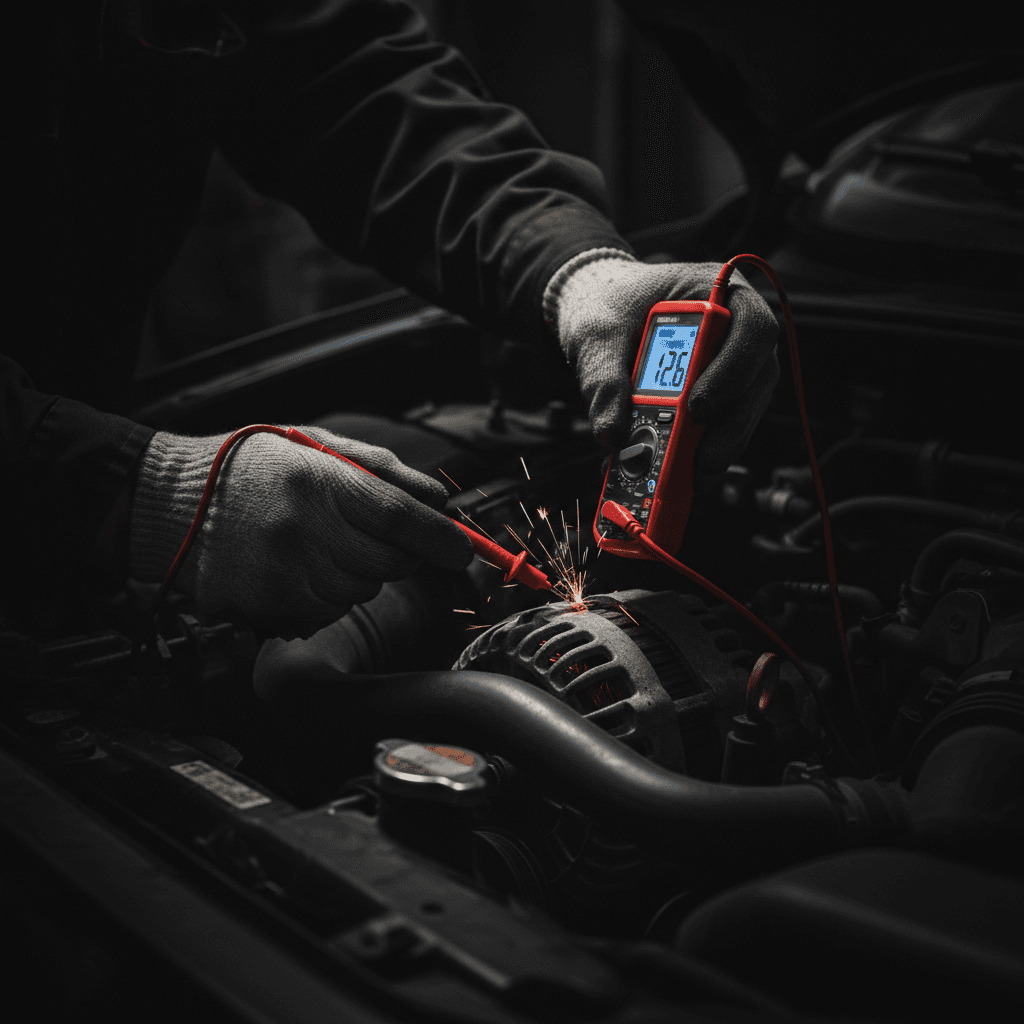 Mechanic diagnosing a car's charging system with a multimeter