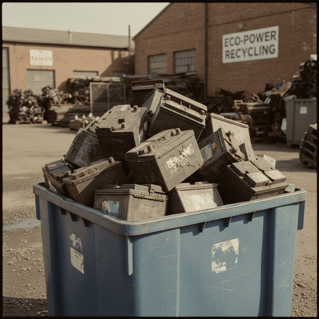 Used car batteries piled for recycling at Montford Battery Center