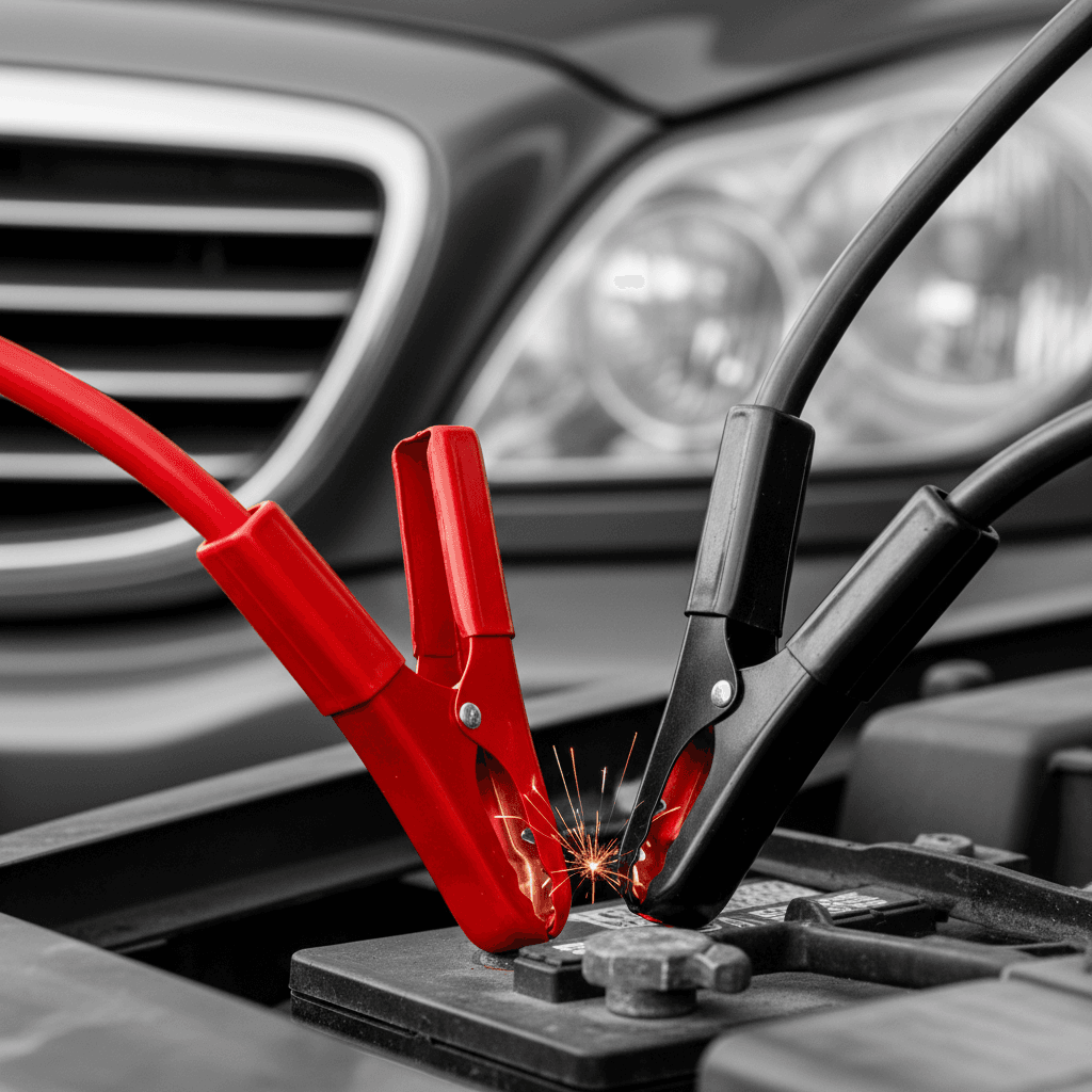 Jumper cables attached to a car battery at Montford Battery Center in Chatsworth