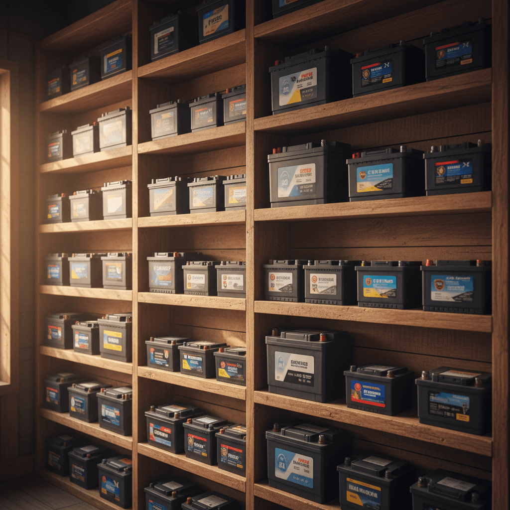 New car batteries neatly stocked on shelves at Montford Battery Center