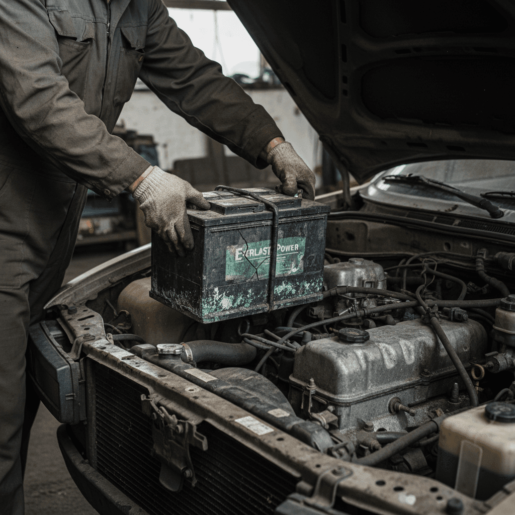 Mechanic removing an old car battery at Montford Battery Center