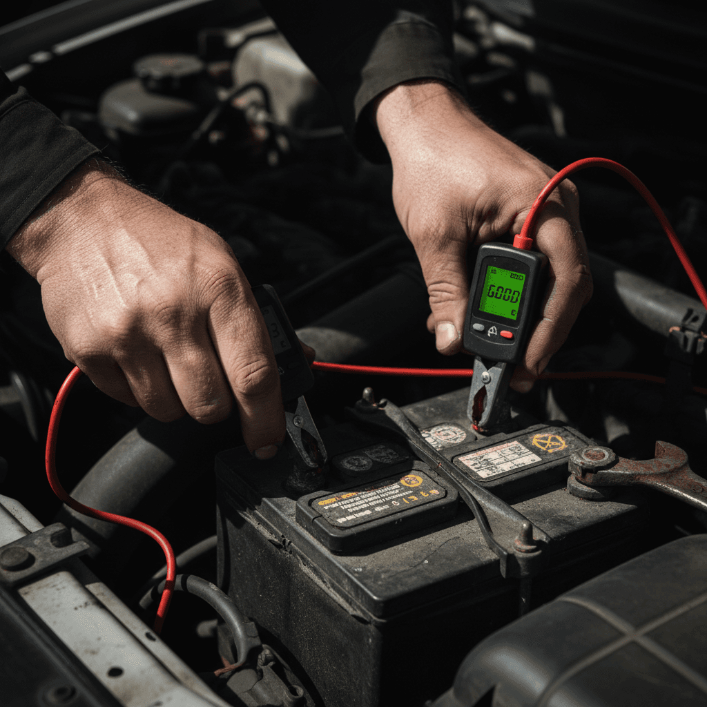 Technician testing a car battery with a digital tester at Montford Battery Center in Chatsworth