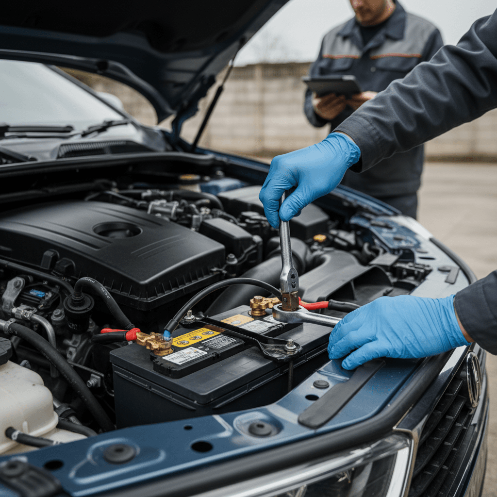 Hand gripping a new car battery with greasy fingers