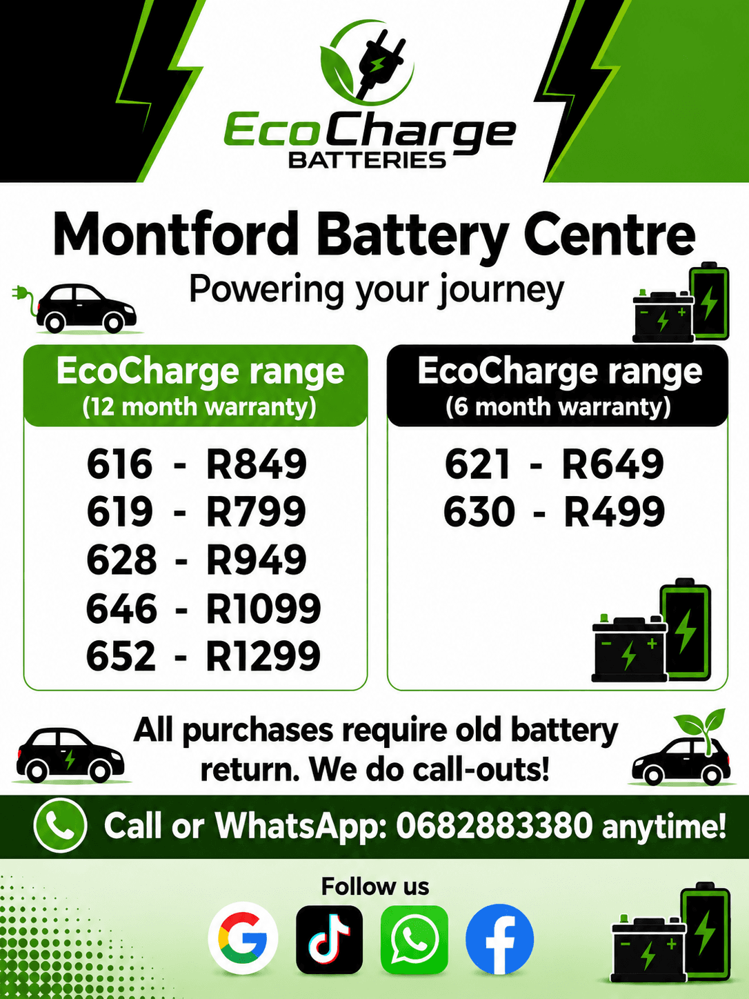 Montford Battery Centre advertisement for EcoCharge batteries featuring price lists, warranties, and WhatsApp details.