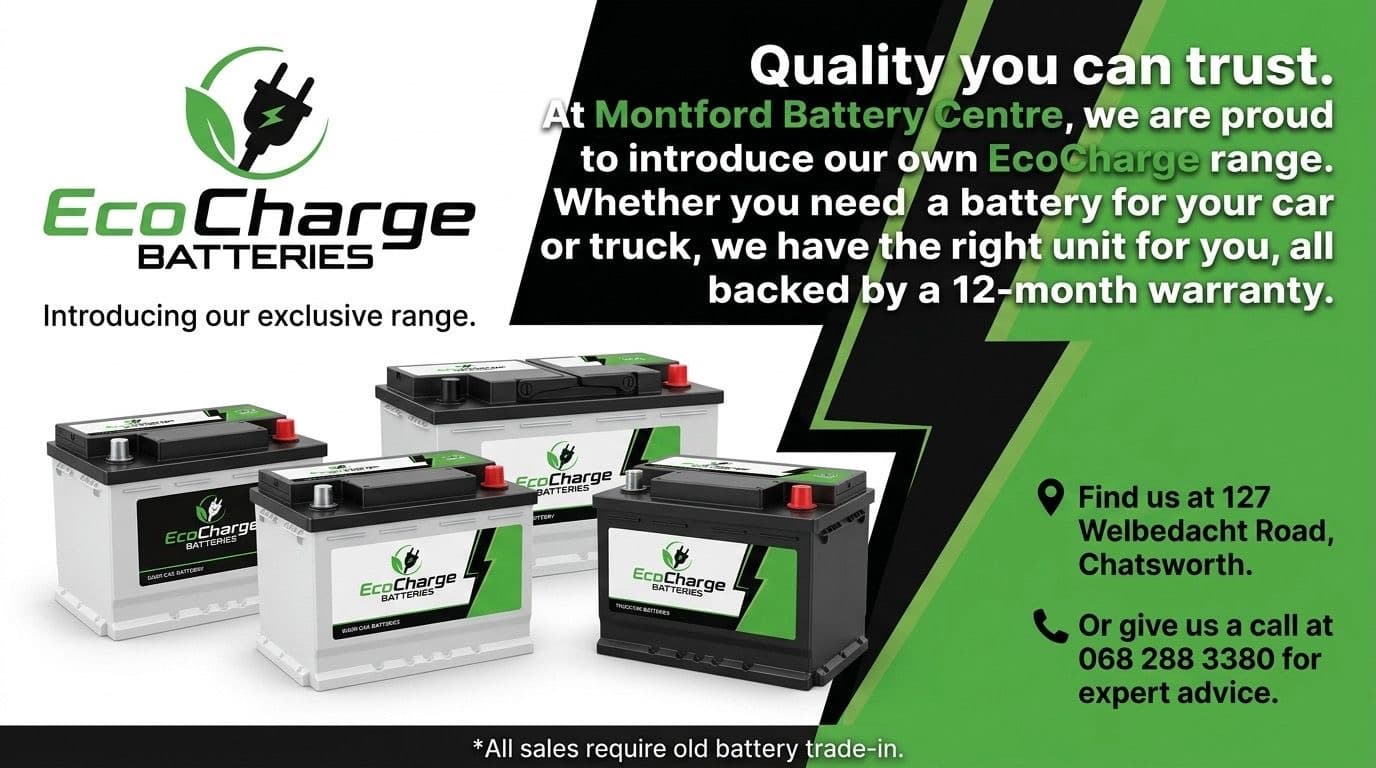 EcoCharge car and truck batteries advertisement featuring four units and a 12-month warranty.