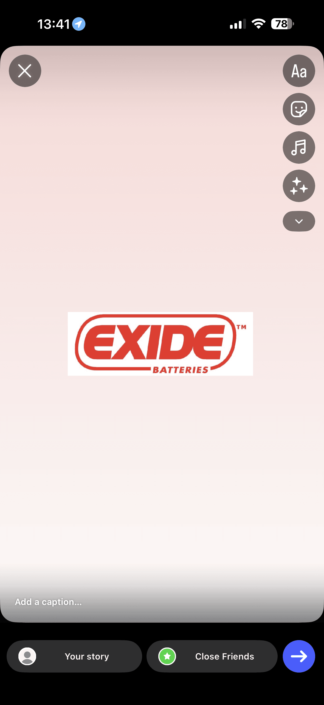 Red Exide Batteries logo centered on a light pink background in a mobile story creation screen.