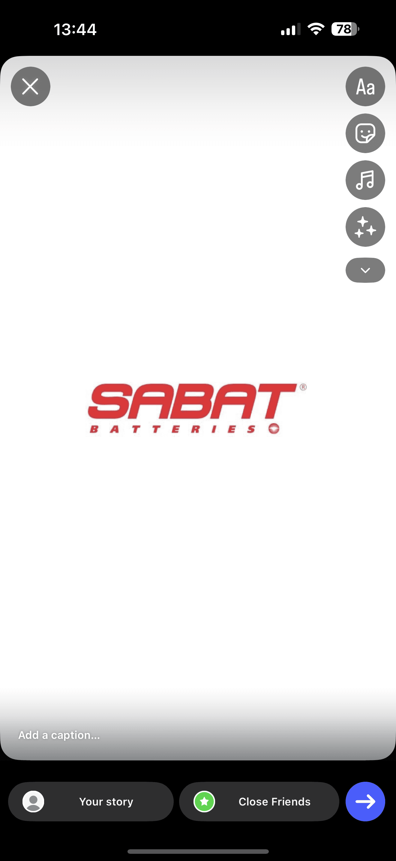 Red Sabat Batteries logo centered on a white background within a mobile story creation screen.