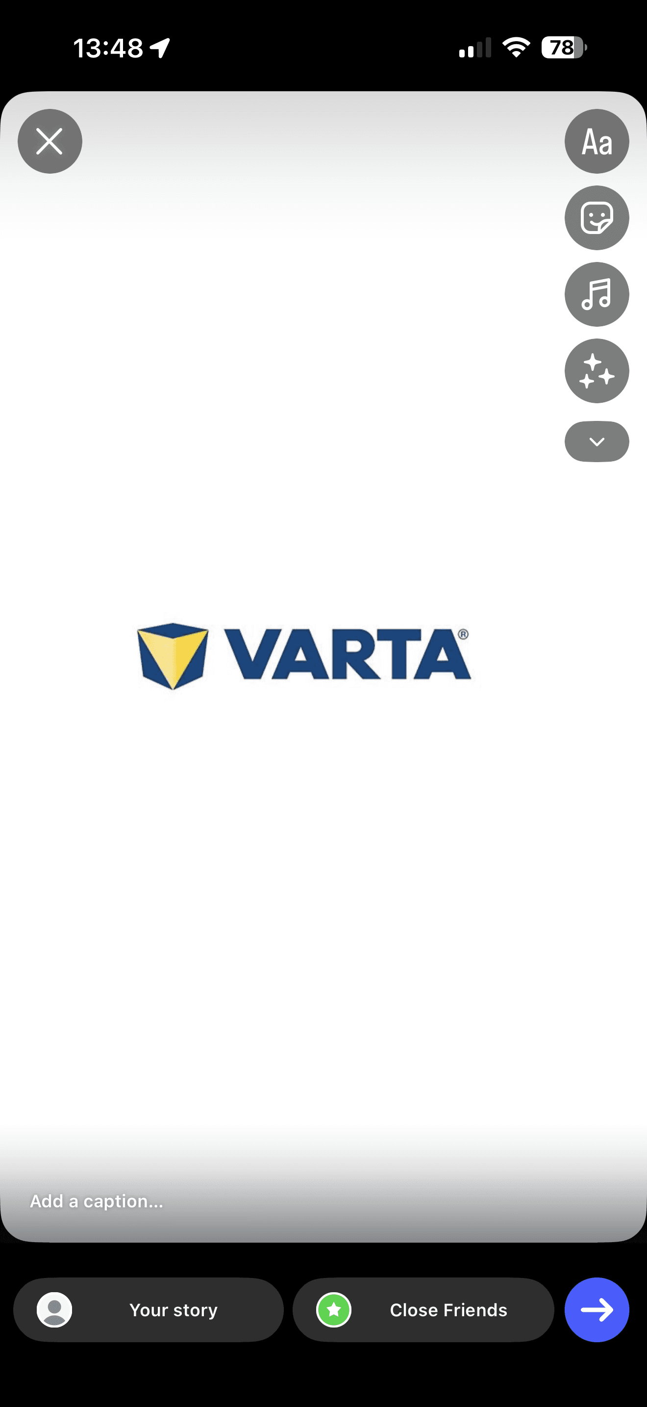 VARTA logo centered on a white Instagram Story screen with editing icons and navigation buttons.